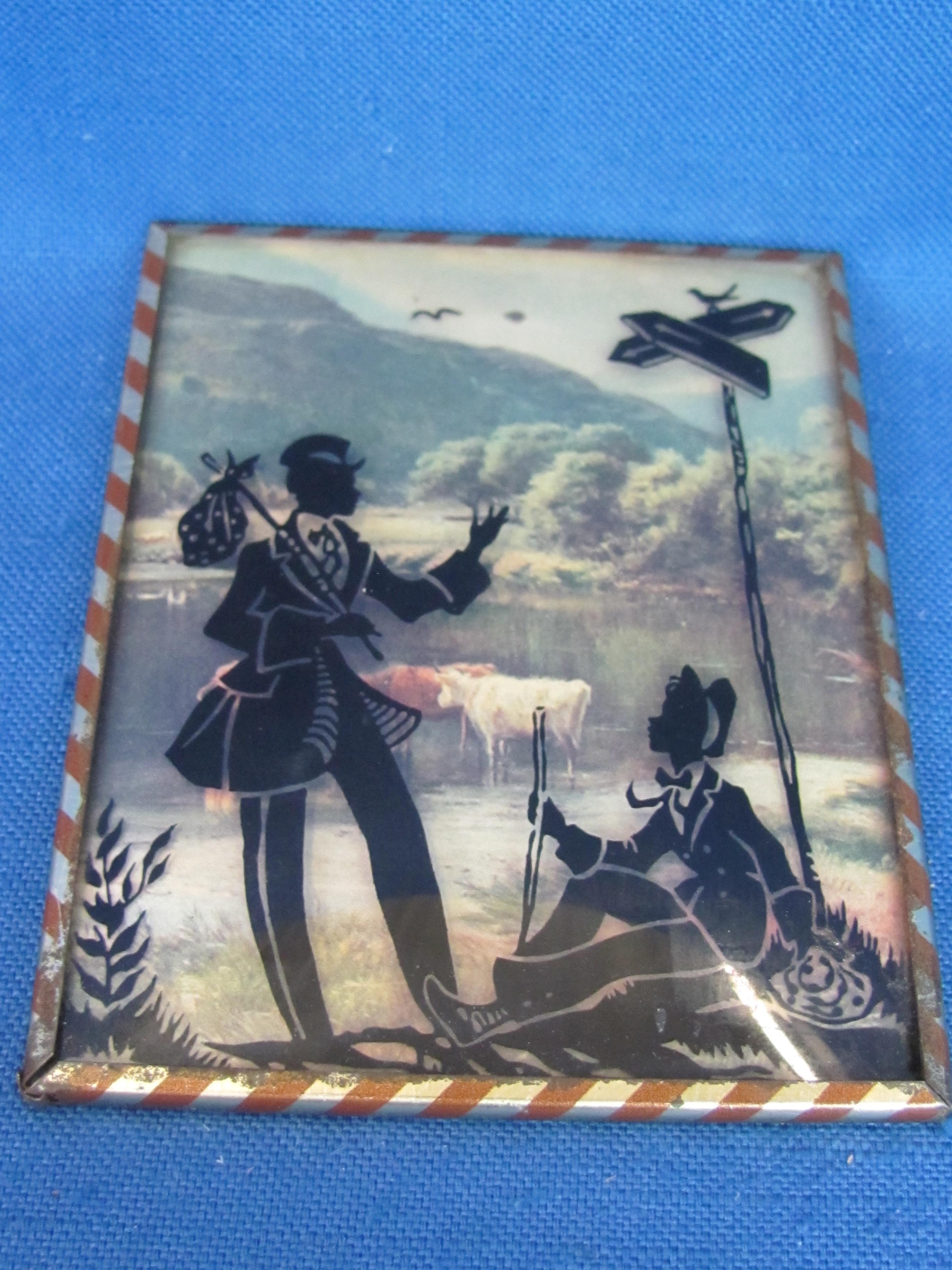 2 Vintage Silhouette Prints in Striped Frames – Man & Boy Traveling Together by Road Signs