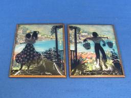 Two 4”x5” Silhouettes – Woman with Pitcher & Man with Yoke of Buckets by Seaside -