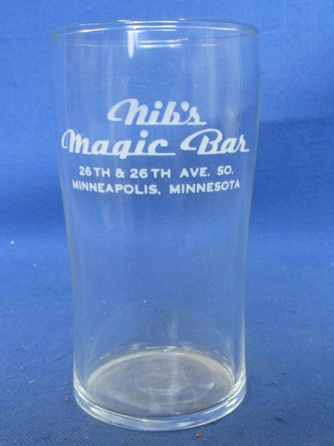Vintage 1950's  Beer Glass  for Nib's Magic Bar Minneapolis (Steinie size) 4 1/2” Tall