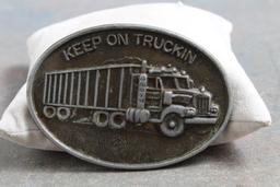 Vintage KEEP ON TRUCKIN' Metal Belt Buckle Raised Semi Truck Design
