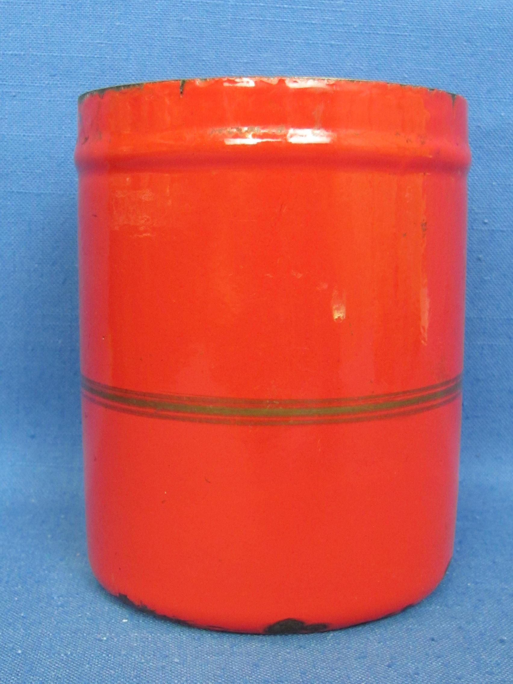 Red Porcelain Enamel Canister “Koffie” - No Lid – 5 1/2” tall – Some enamel loss & wear