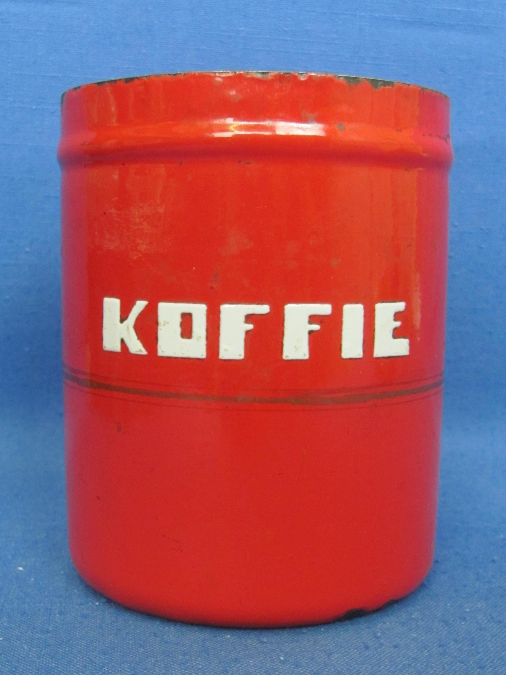 Red Porcelain Enamel Canister “Koffie” - No Lid – 5 1/2” tall – Some enamel loss & wear