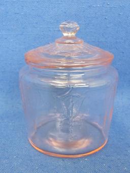 Pink Glass – Miniatures of Cameo by Anchor Hocking – Cookie Jar & Tray – Jar is 3 1/2” tall