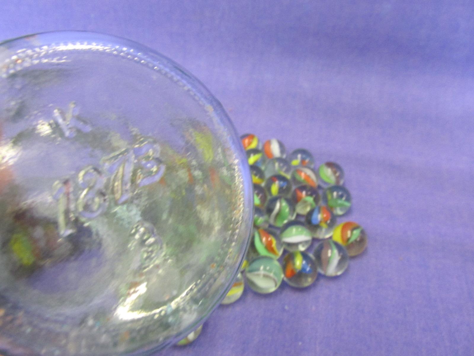 60 Glass Marbles in Glass Jar with Metal Bale – Jar is 5 1/4” tall