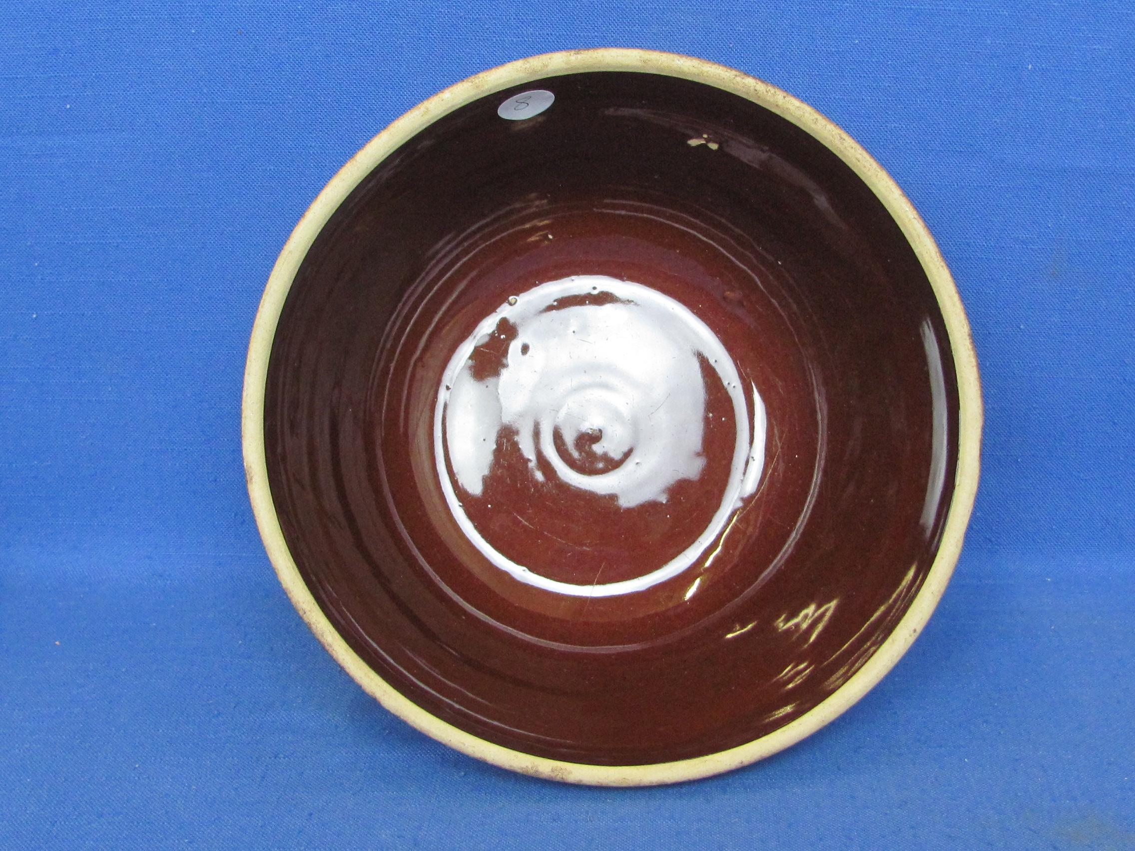 Brown Glazed Stoneware Shoulder Bowl – Marked “USA 9”” - 9” in diameter – 4 1/2” tall