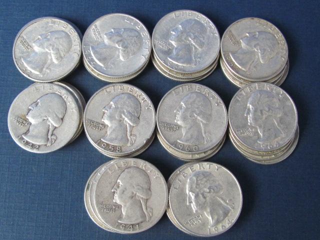 Roll of $10 Silver Quarters - 37 1960's, One 1941, One 1942 and One 1958 - Weights 250 Grams