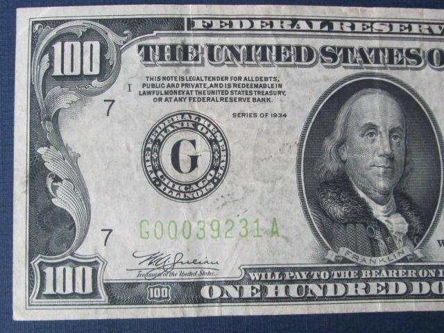 1934 $100 Federal Reserve Note Chicago Bank - Light Green Seal - Serial # G00039231 A
