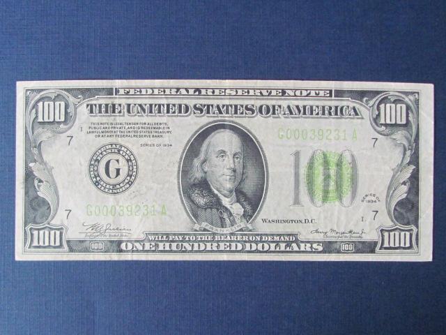 1934 $100 Federal Reserve Note Chicago Bank - Light Green Seal - Serial # G00039231 A