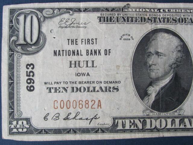 $10 1929 Hull Iowa National Currency Bank Note Bill Ch # 6953 - Brown Seal