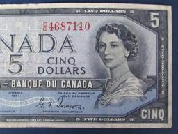 1954 Devils Face $5 Bill from The Bank of Canada