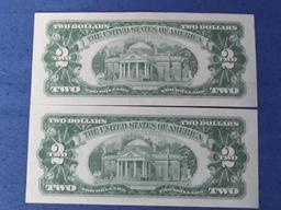 Five 2 Dollar Red Seal Bills 4 Are 1963 One is 1953 - 3 Different Treasurer Signatures