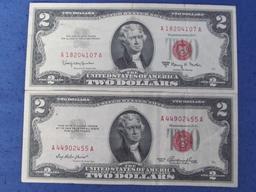 Five 2 Dollar Red Seal Bills 4 Are 1963 One is 1953 - 3 Different Treasurer Signatures