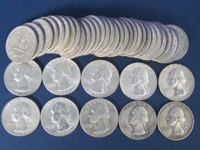 $10 Roll of Silver Quarters 1960 - 1964 Dates - Weights 250 Grams