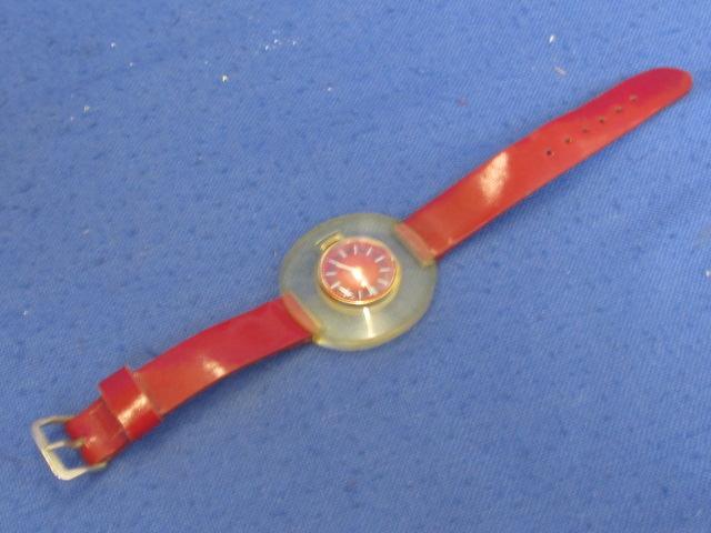 Vintage Swiss Caravelle Watch – Red Face, Clear Surround &  Red Patent Leather Band