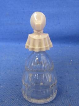 Vintage Perfume Bottle – Victorian Lady in a Bonnet – Pale Pink Plastic  Screw on top 2 3/4” Tall