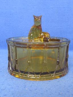 Portieux Vallerysthal Cat on Drum Powder Jar – Amber Glass