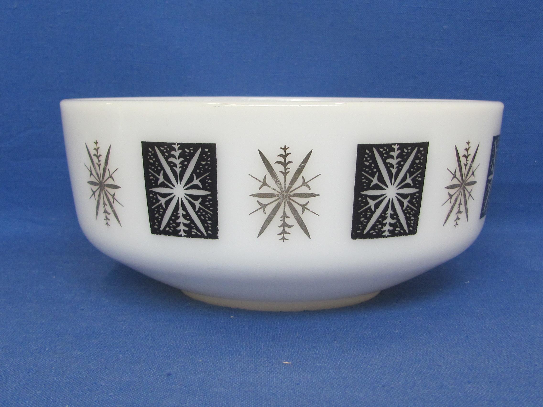 Federal Glass Bowl – White w Atomic Starburst in Black & Gold – 9 1/2” in diameter