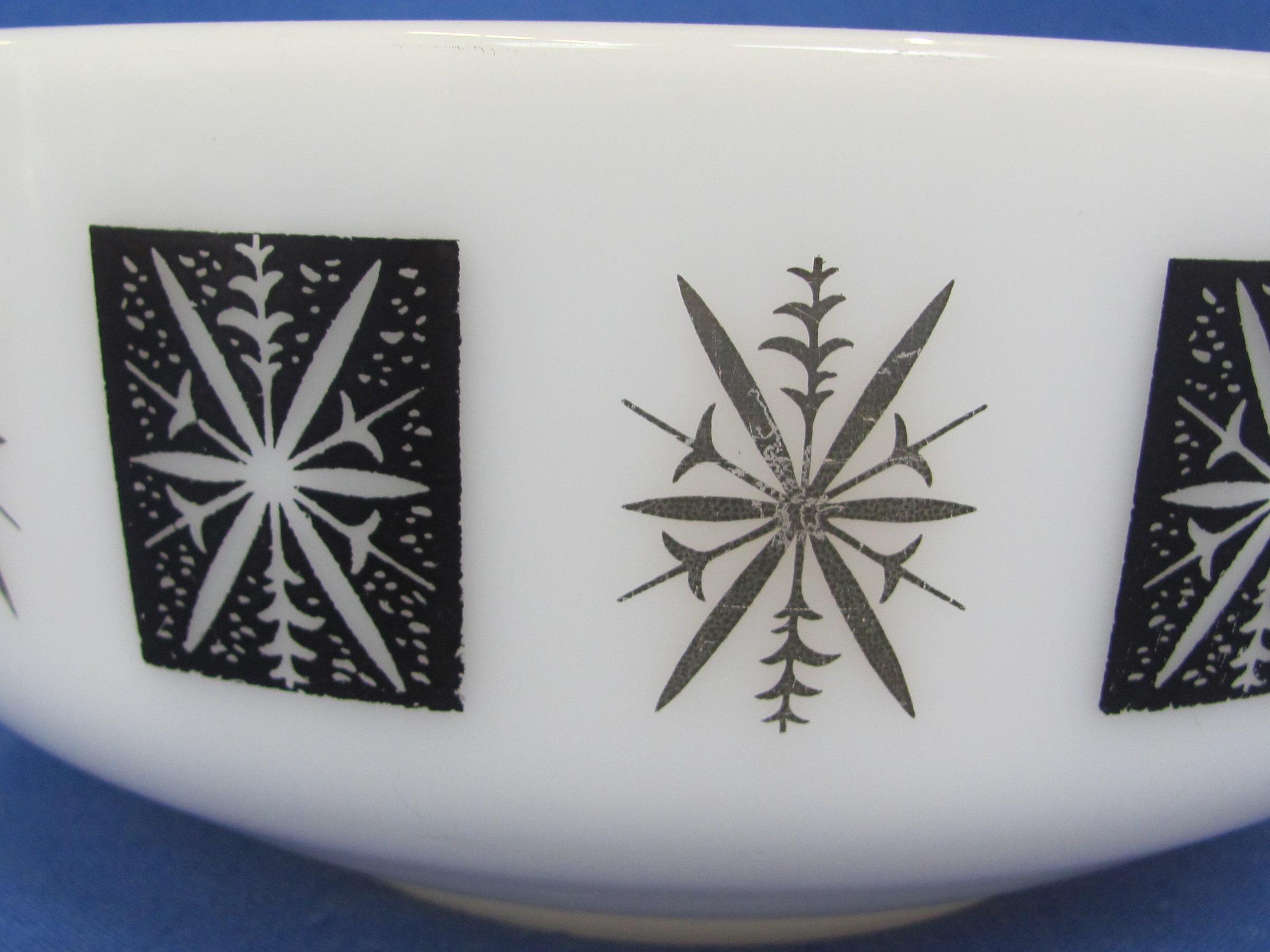 Federal Glass Bowl – White w Atomic Starburst in Black & Gold – 9 1/2” in diameter