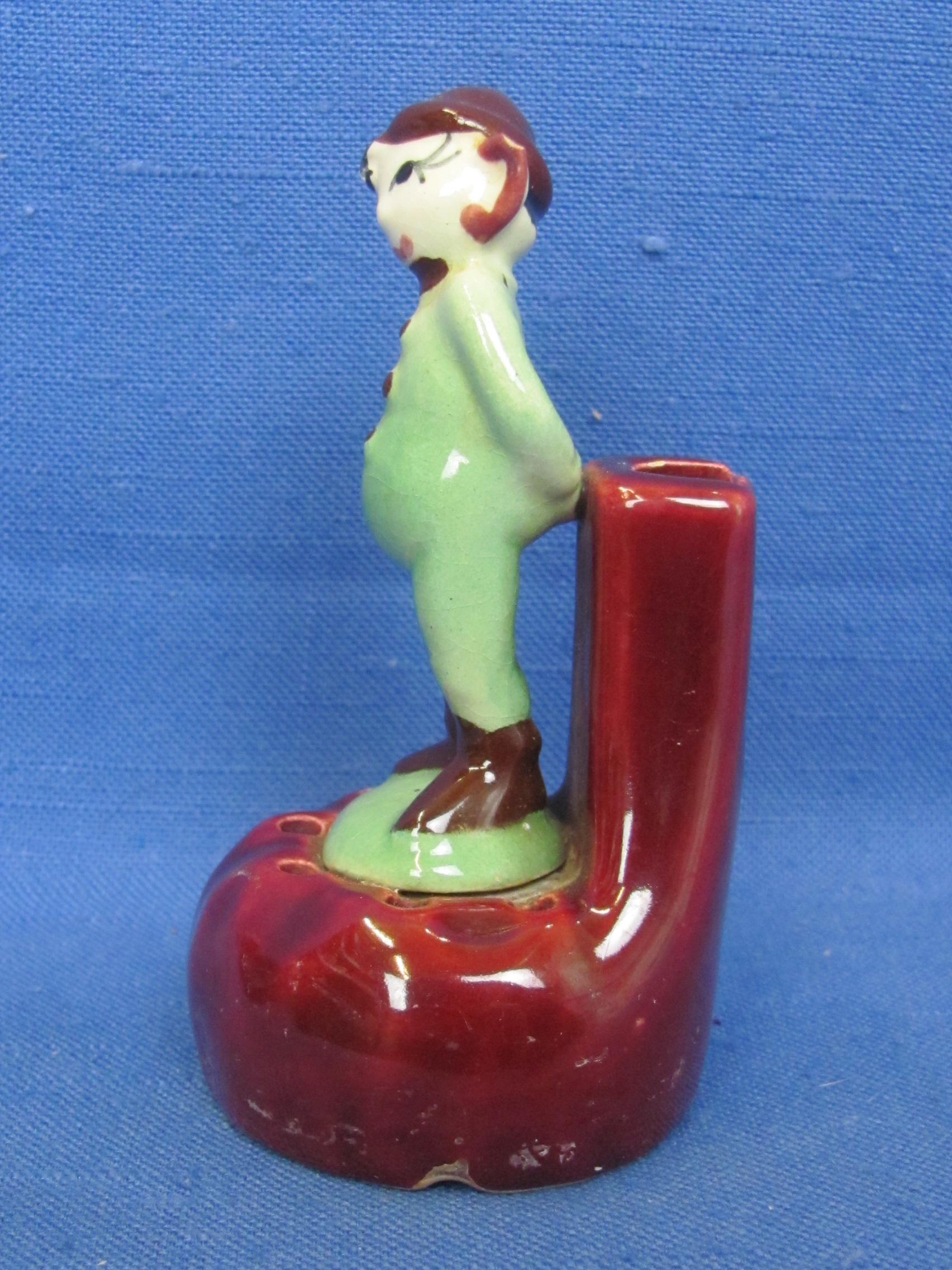 Vintage Pottery Pixie Flower Frog & Bud Vase – 4 1/4” tall – Good condition