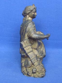 Hollow Cast Pot Metal Sculpture – Pandora with Her Box – 6 1/2” tall – Crack in front