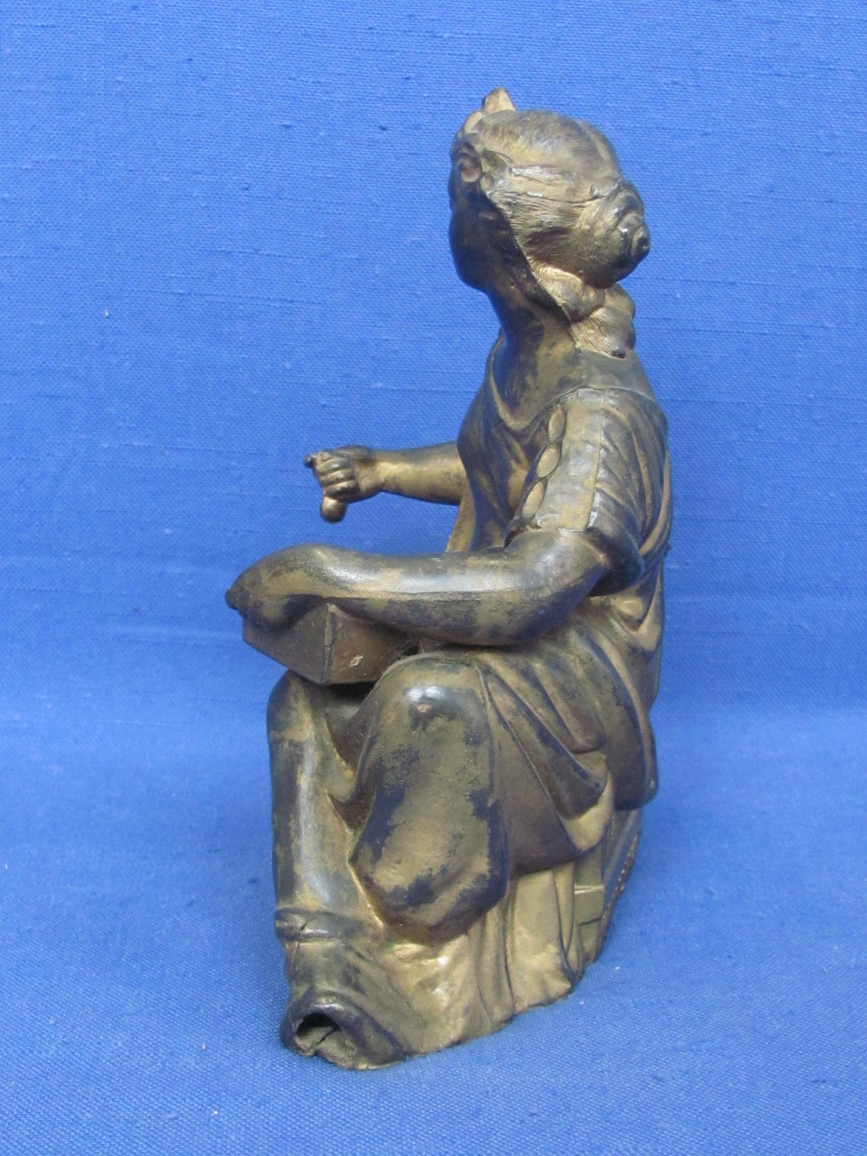 Hollow Cast Pot Metal Sculpture – Pandora with Her Box – 6 1/2” tall – Crack in front