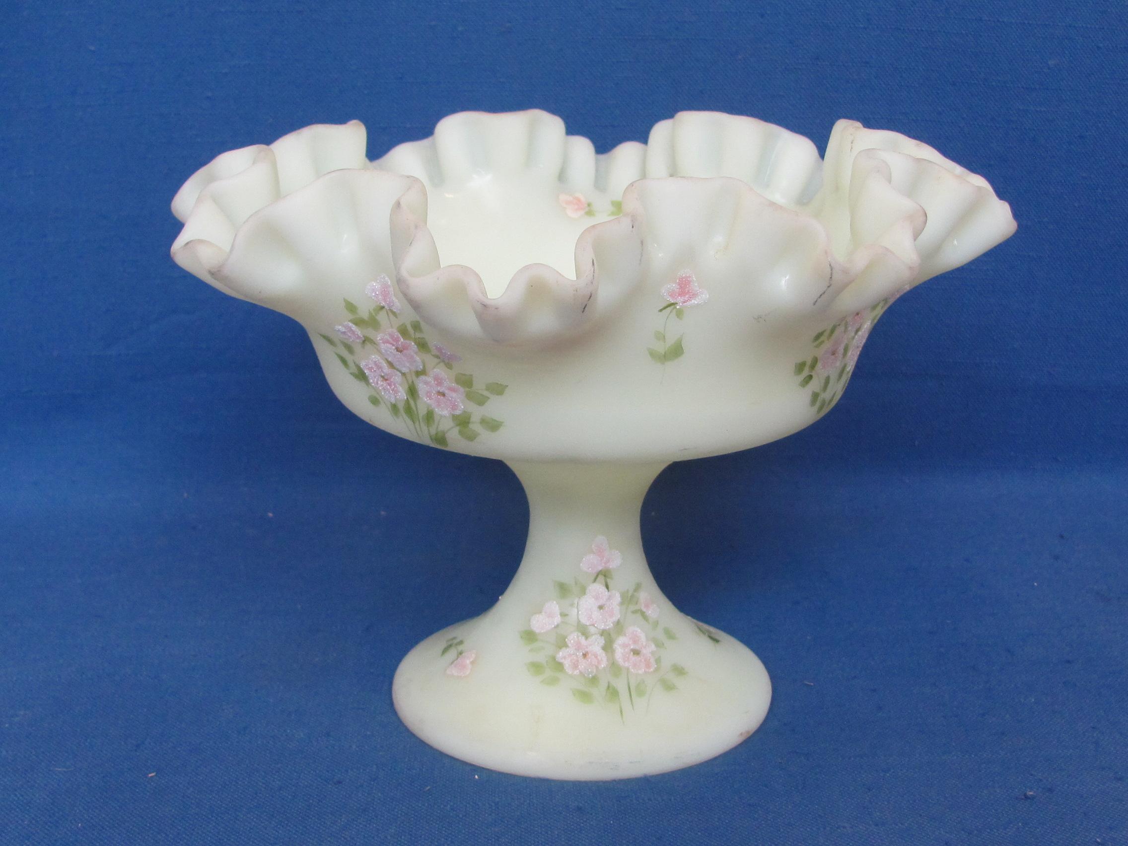 Fenton Satin Custard Glass – Hand Painted Footed Bowl – 8” in diameter – Floral design