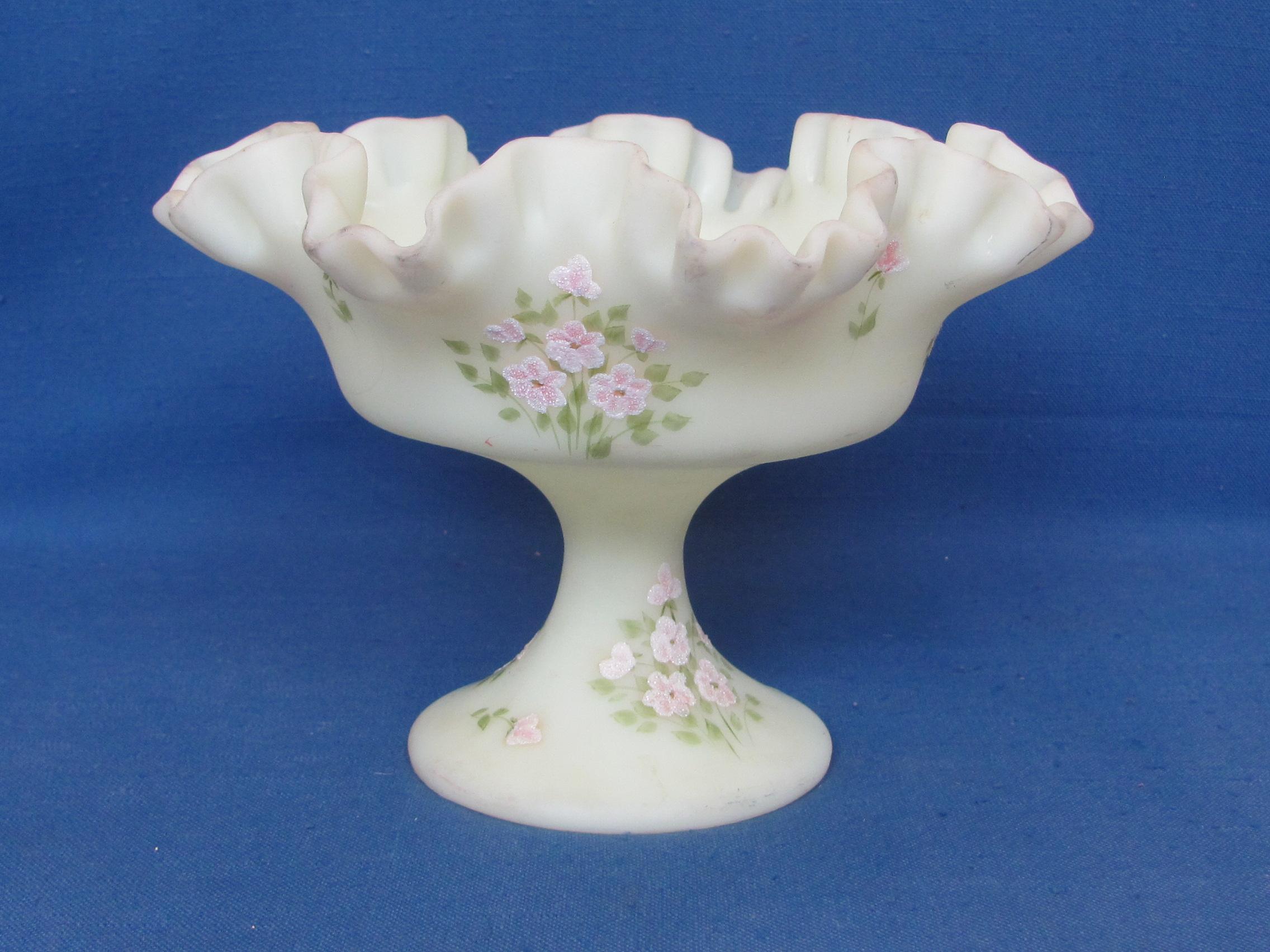 Fenton Satin Custard Glass – Hand Painted Footed Bowl – 8” in diameter – Floral design