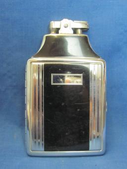 Ronson Combination Cigarette Case & Lighter – Silvertone & Black – 4 1/4” long