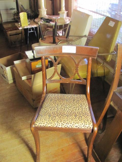 Wood Chair With Leopard Cloth Seat – Back 33” H – Seat 18” T – As Shown