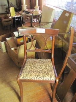 Wood Chair With Leopard Cloth Seat – Back 33” H – Seat 18” T – As Shown