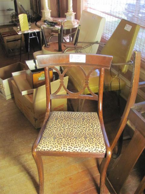 Wood Chair With Leopard Cloth Seat – Back 33” H – Seat 18” T – As Shown