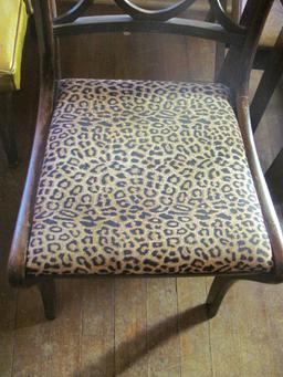 Wood Chair With Leopard Cloth Seat – Back 33” H – Seat 18” T – As Shown