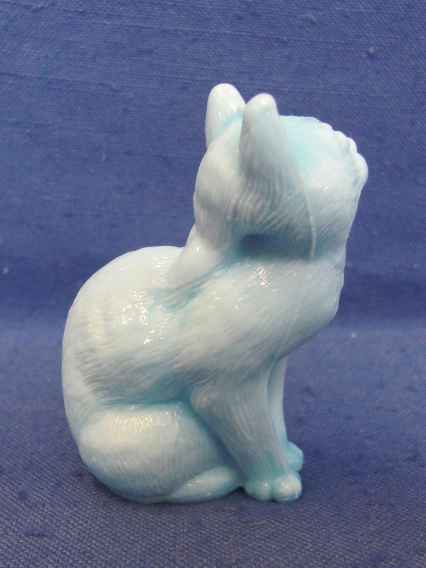 Mosser Cat Figurine – Blue Milk Glass – 3” tall – Good condition