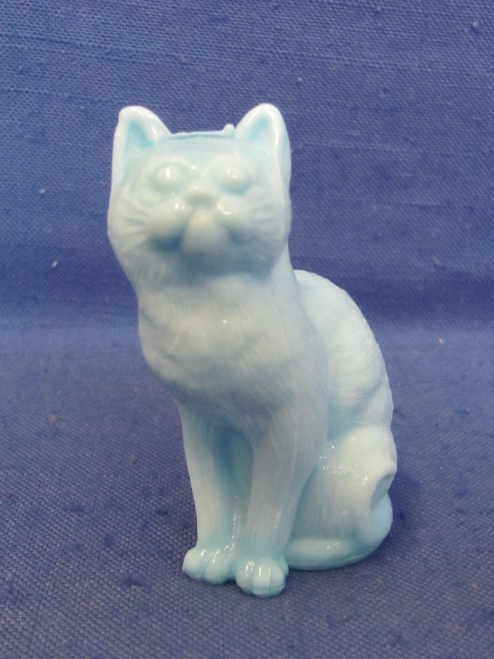 Mosser Cat Figurine – Blue Milk Glass – 3” tall – Good condition