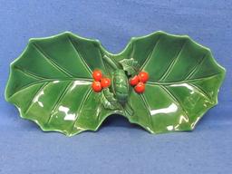 Vintage Lefton Green Holly Relish Tray & Pair of Candle Holders + Bone China Salt/Pepper Shakers