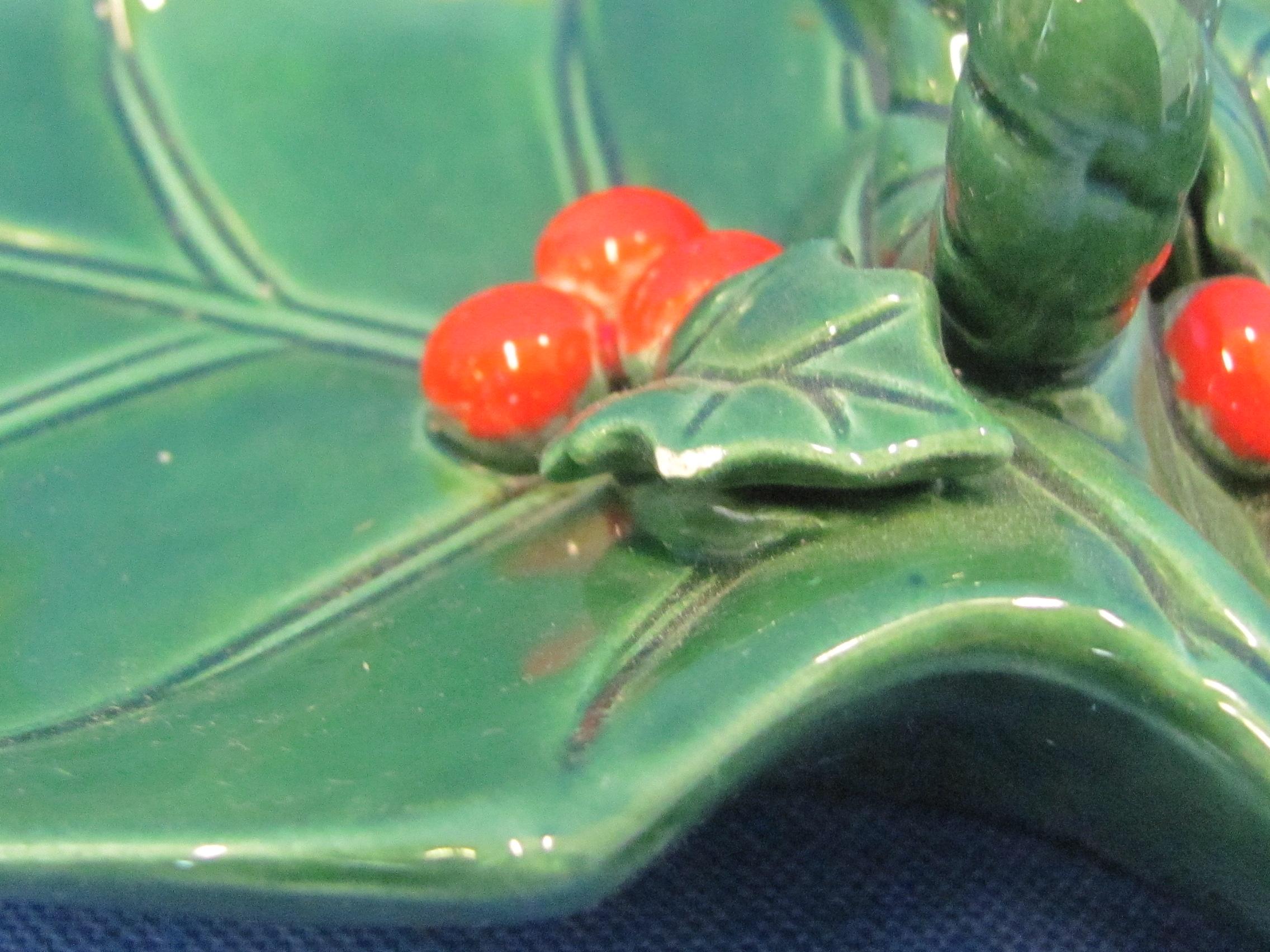 Vintage Lefton Green Holly Relish Tray & Pair of Candle Holders + Bone China Salt/Pepper Shakers