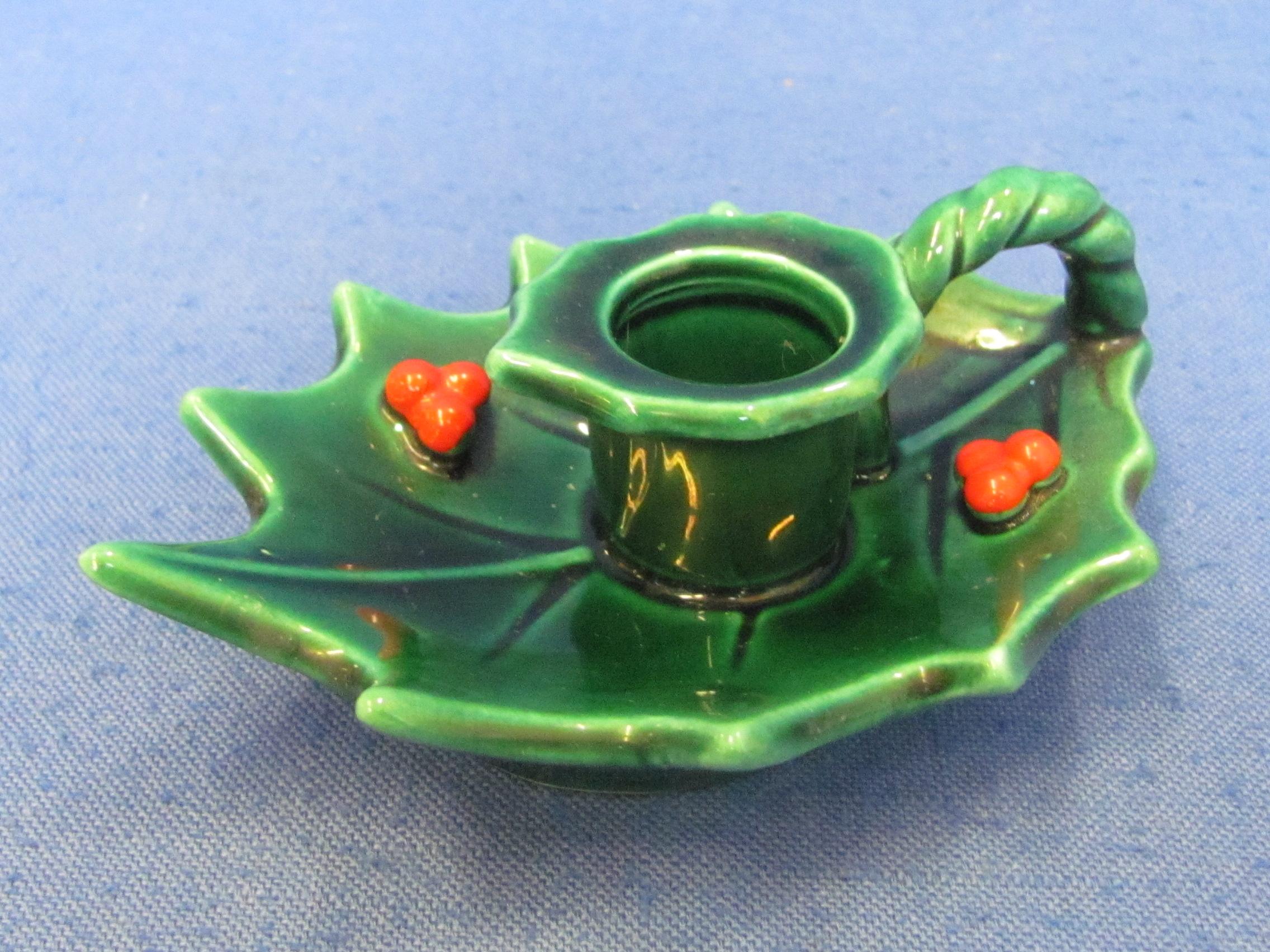 Vintage Lefton Green Holly Relish Tray & Pair of Candle Holders + Bone China Salt/Pepper Shakers