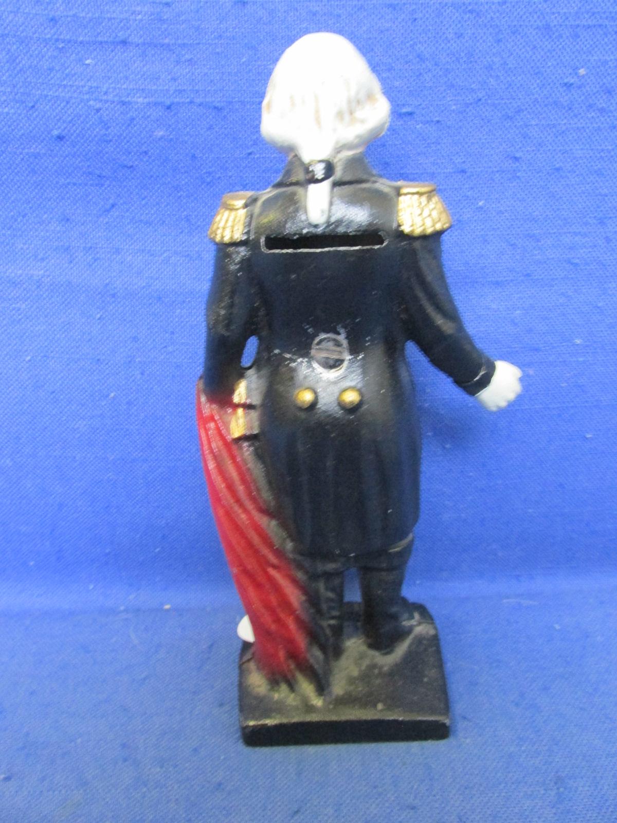 Vintage 5 1/2”H George Washington Painted Cast Metal Coin Bank -