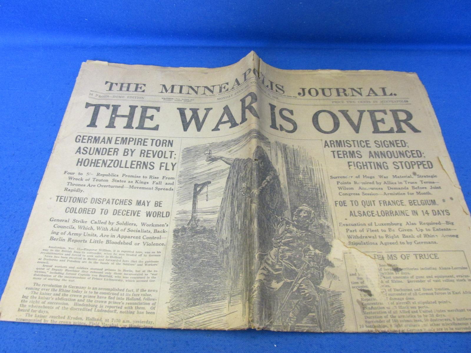 Vintage News Paper – The Minneapolis Journal November 11, 1918 – Headline “The War Is Over” -