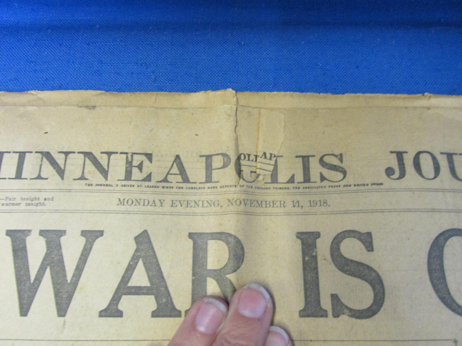 Vintage News Paper – The Minneapolis Journal November 11, 1918 – Headline “The War Is Over” -