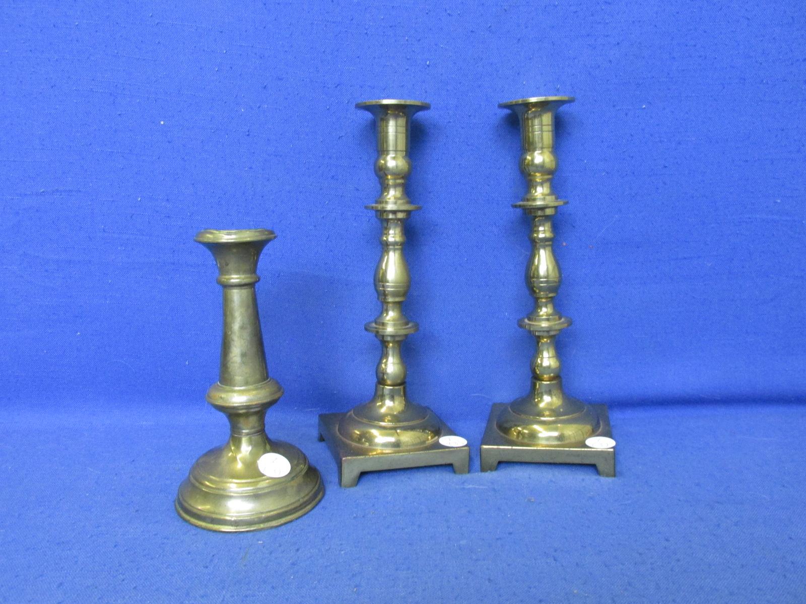 Lot Of 3 Brass Candlesticks – Pair Of Baldwin (CM) 9 3/4”H - (1) Weighted Base Candlestick 6 3/4”H