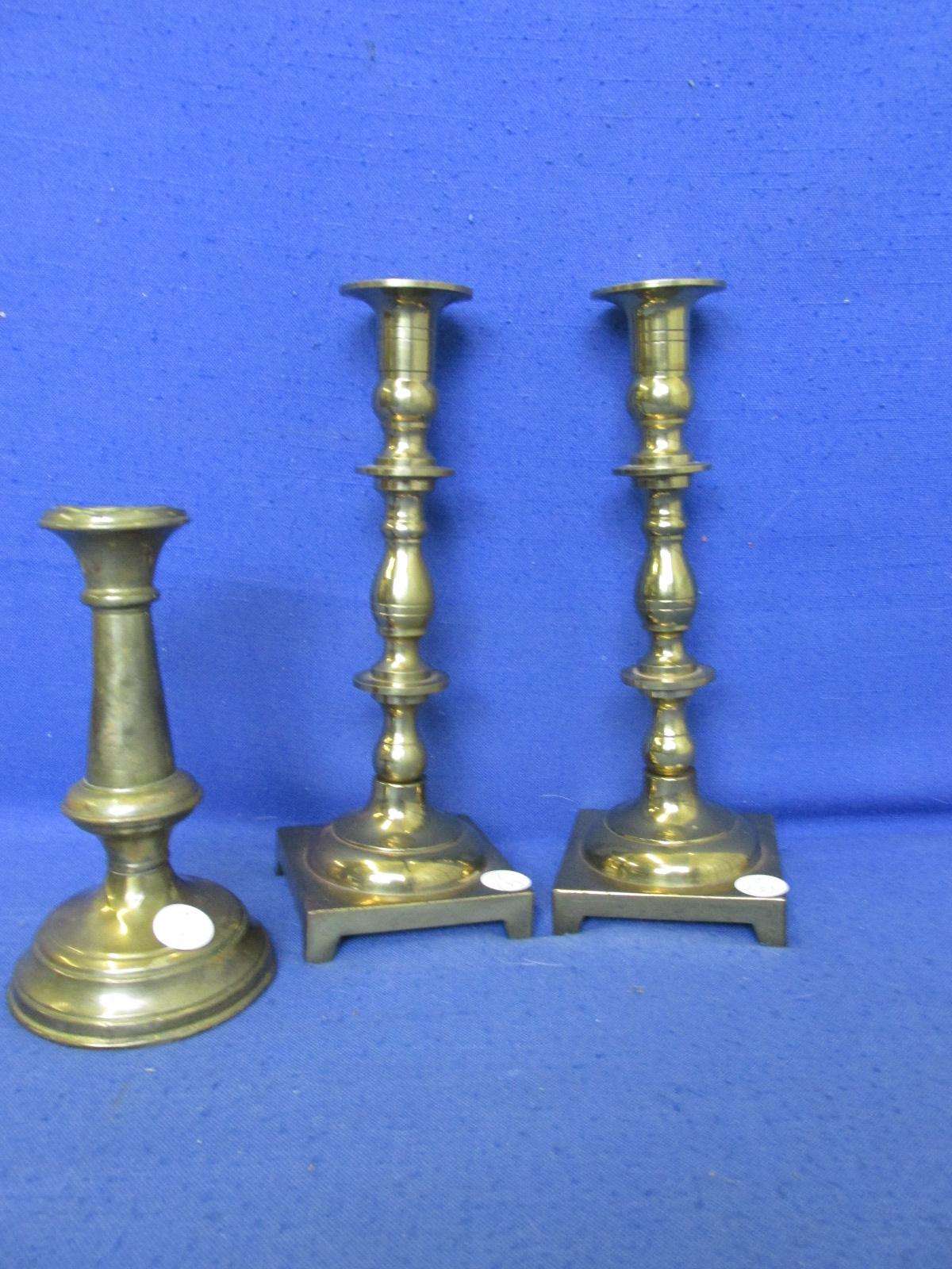 Lot Of 3 Brass Candlesticks – Pair Of Baldwin (CM) 9 3/4”H - (1) Weighted Base Candlestick 6 3/4”H