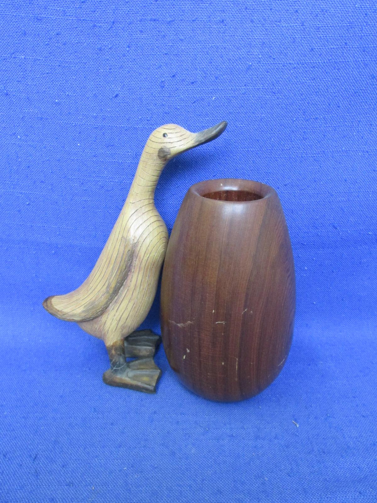 Lot Of 2 Decor Items – (1) Redwood Vase 5”T x 3”D – (1) Resin Duck 6 1/2”H x 3 1/2”W – Cute -