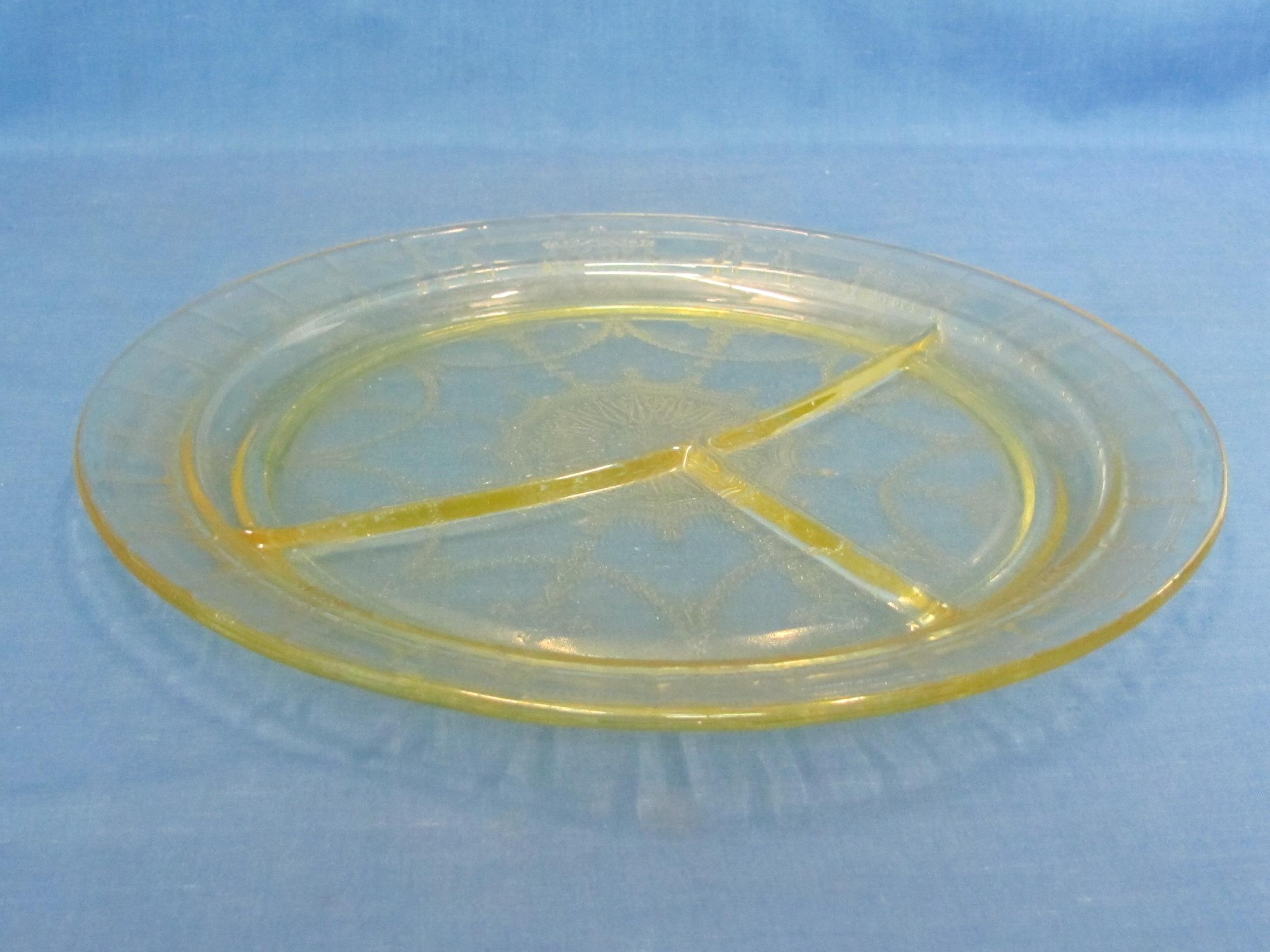 Yellow Depression Glass Divided Grill Plate – Cameo by Anchor Hocking – 10 1/2” in diameter
