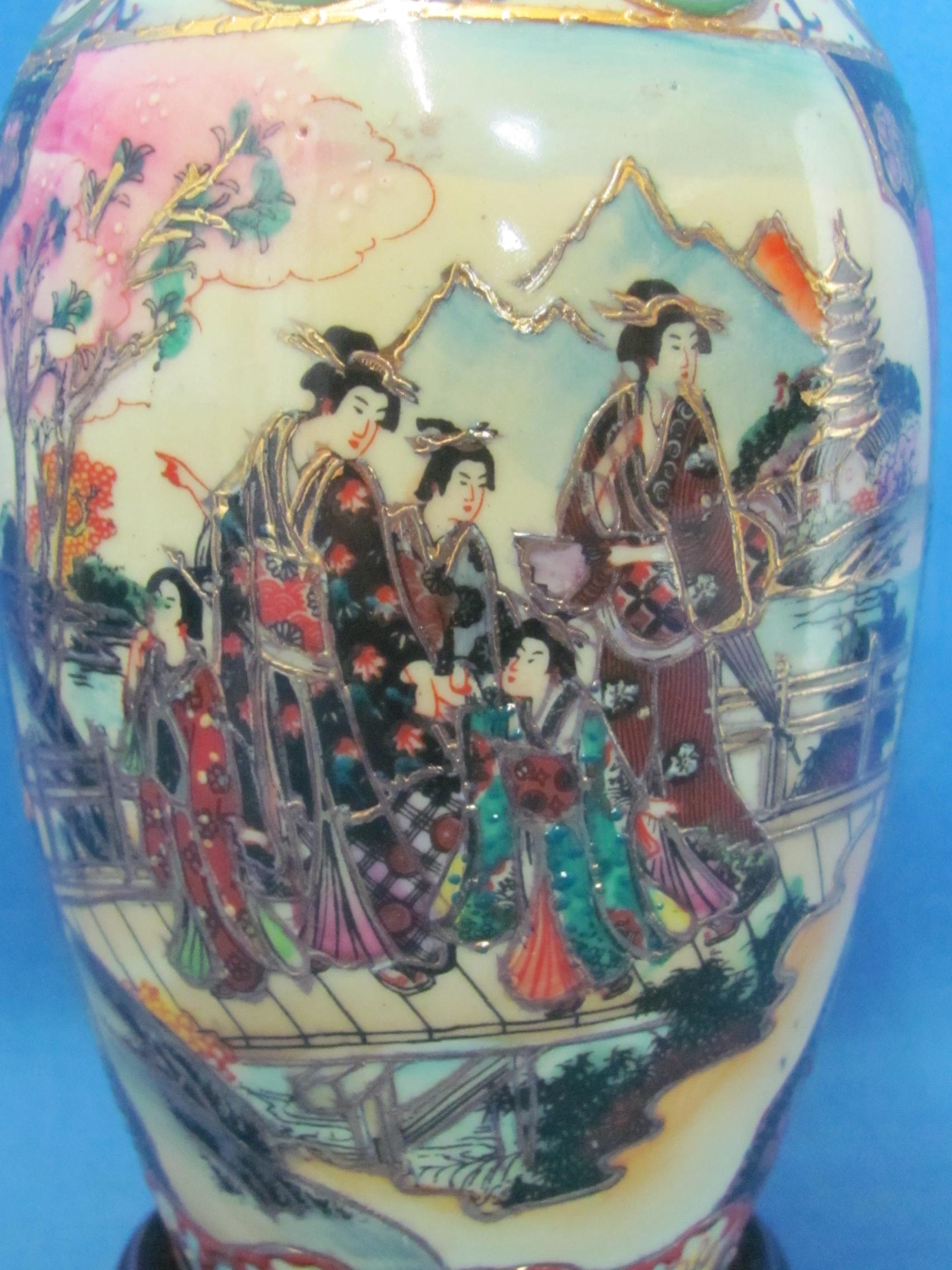 Attractive Chinese Porcelain Vase on Wood Stand – Vase is 8” tall & very colorful