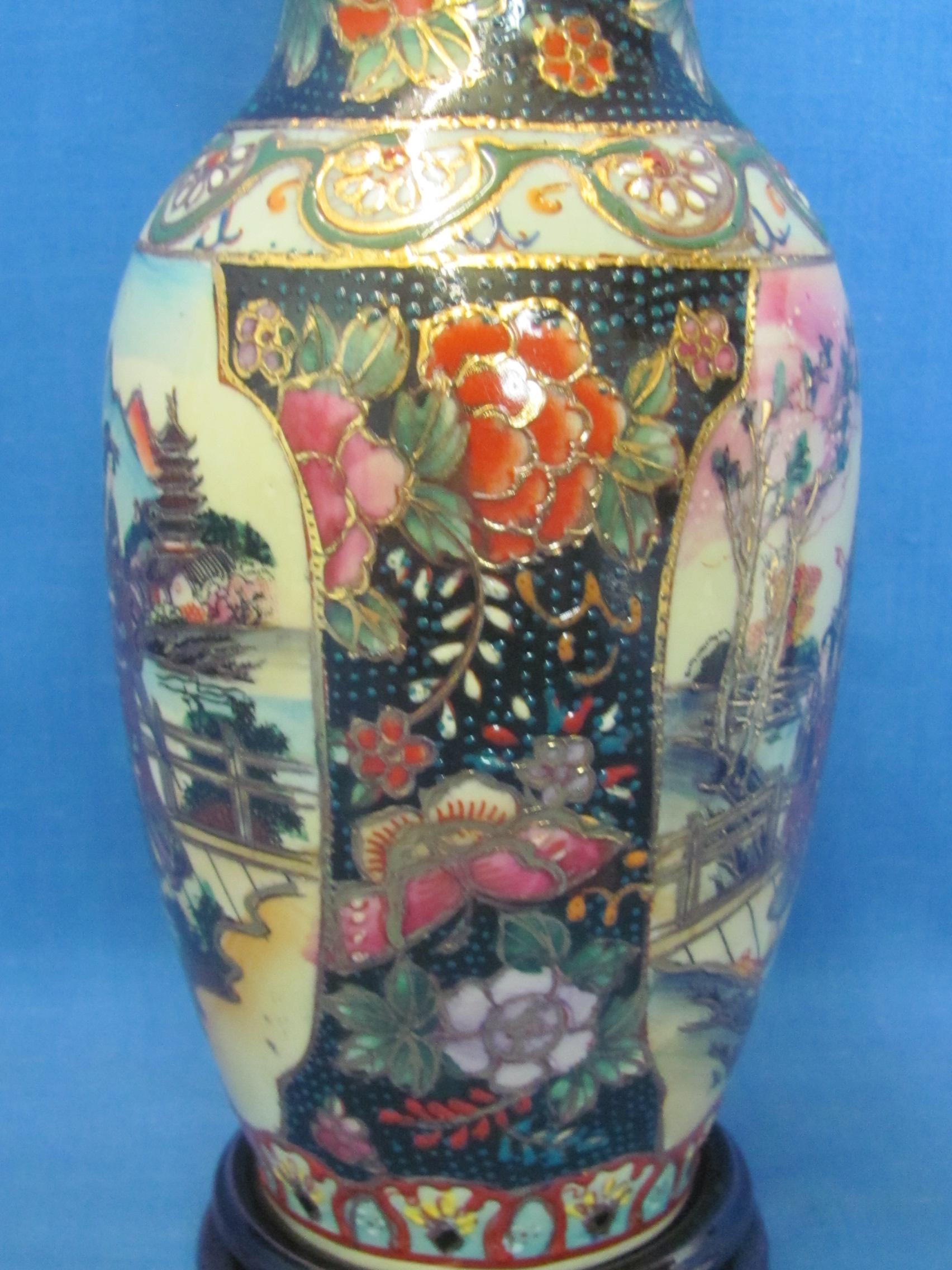 Attractive Chinese Porcelain Vase on Wood Stand – Vase is 8” tall & very colorful