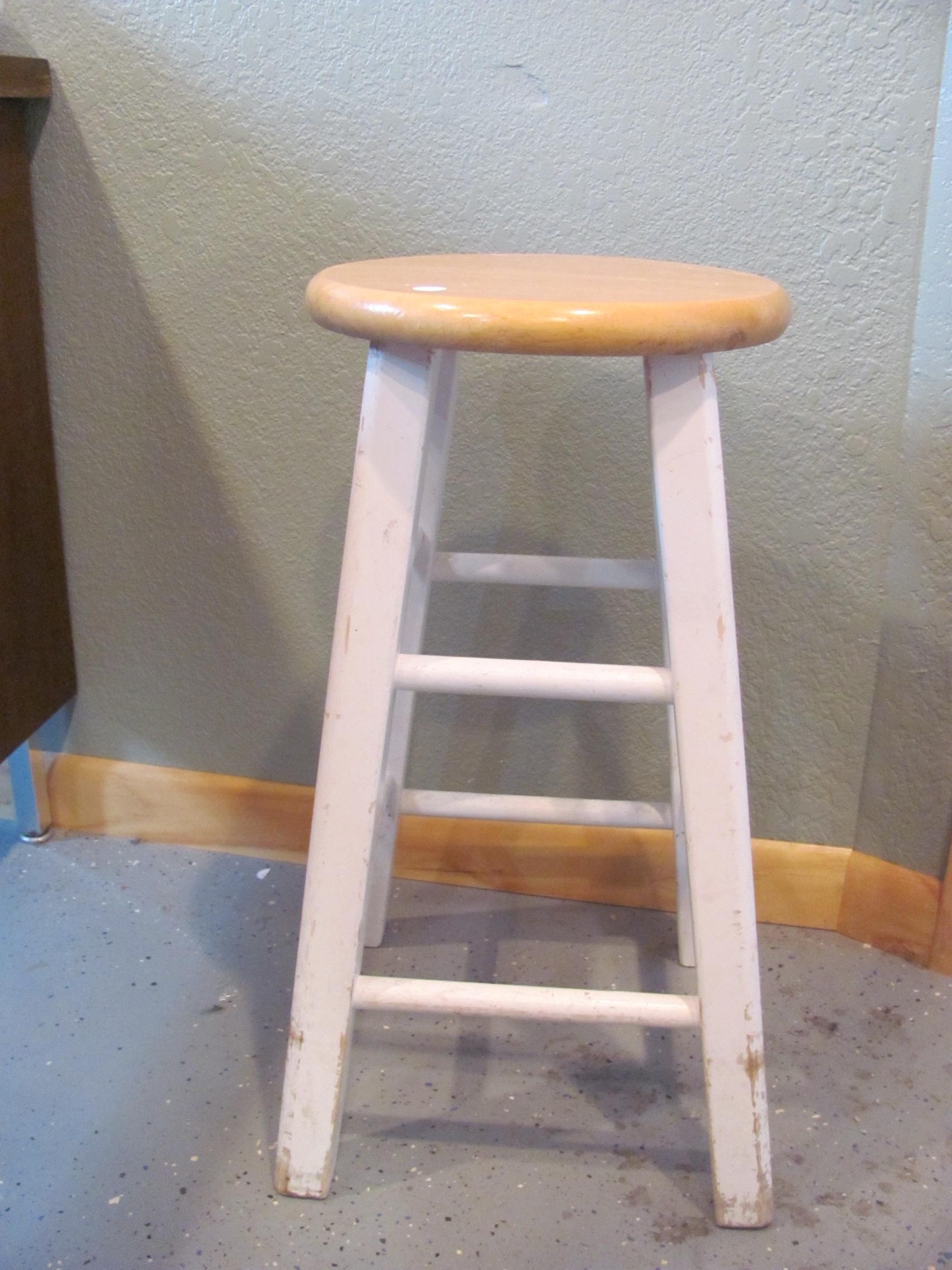 Wooden Stool – White Painted Base, Natural Wood Seat w/ Clear Coat Stands 24” T