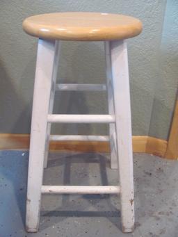 Wooden Stool – White Painted Base, Natural Wood Seat w/ Clear Coat Stands 24” T