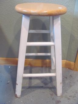 Wooden Stool – White Painted Base, Natural Wood Seat w/ Clear Coat Stands 24” T