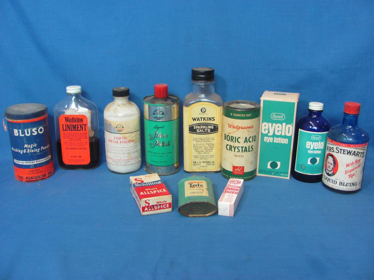 12 Items :Vintage Bottles/Tins & other Packaging – Great Shelf-Display Fillers - Colorful